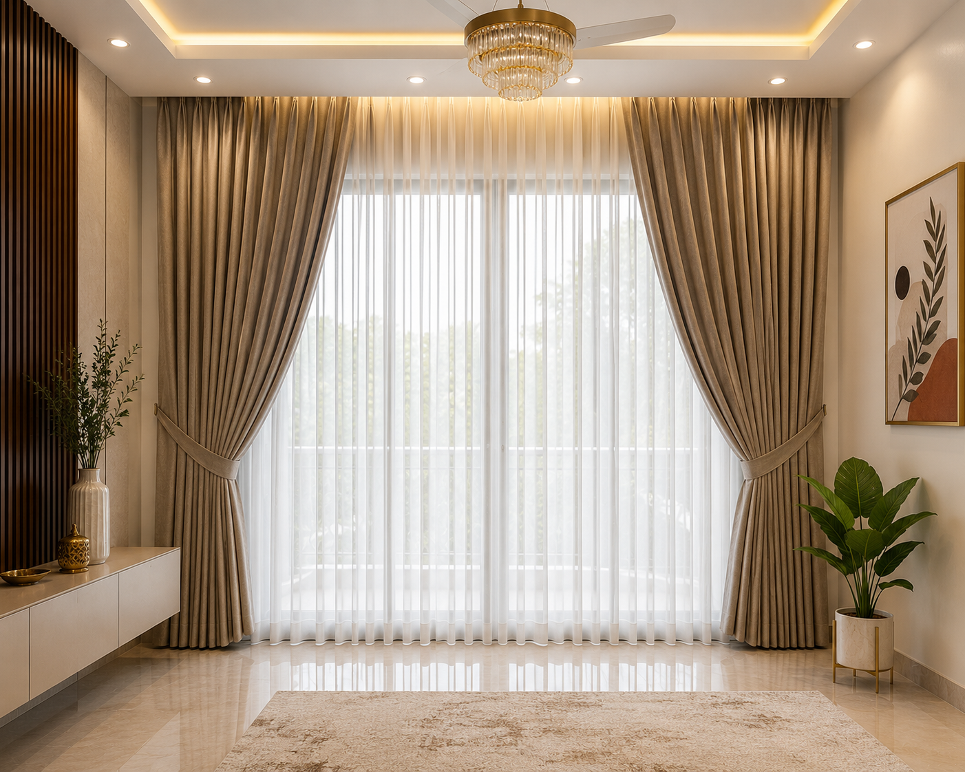 Champagne drapes with sheer - ARA Decor Studio Pune