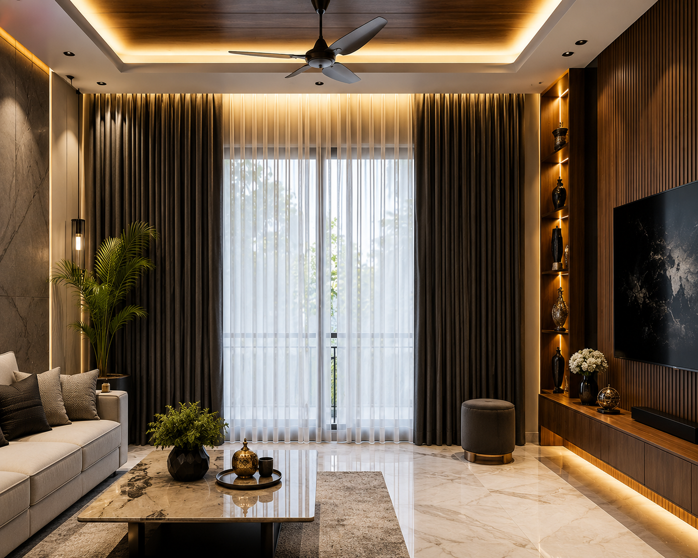 Charcoal drapes with white sheer - ARA Decor Studio Pune