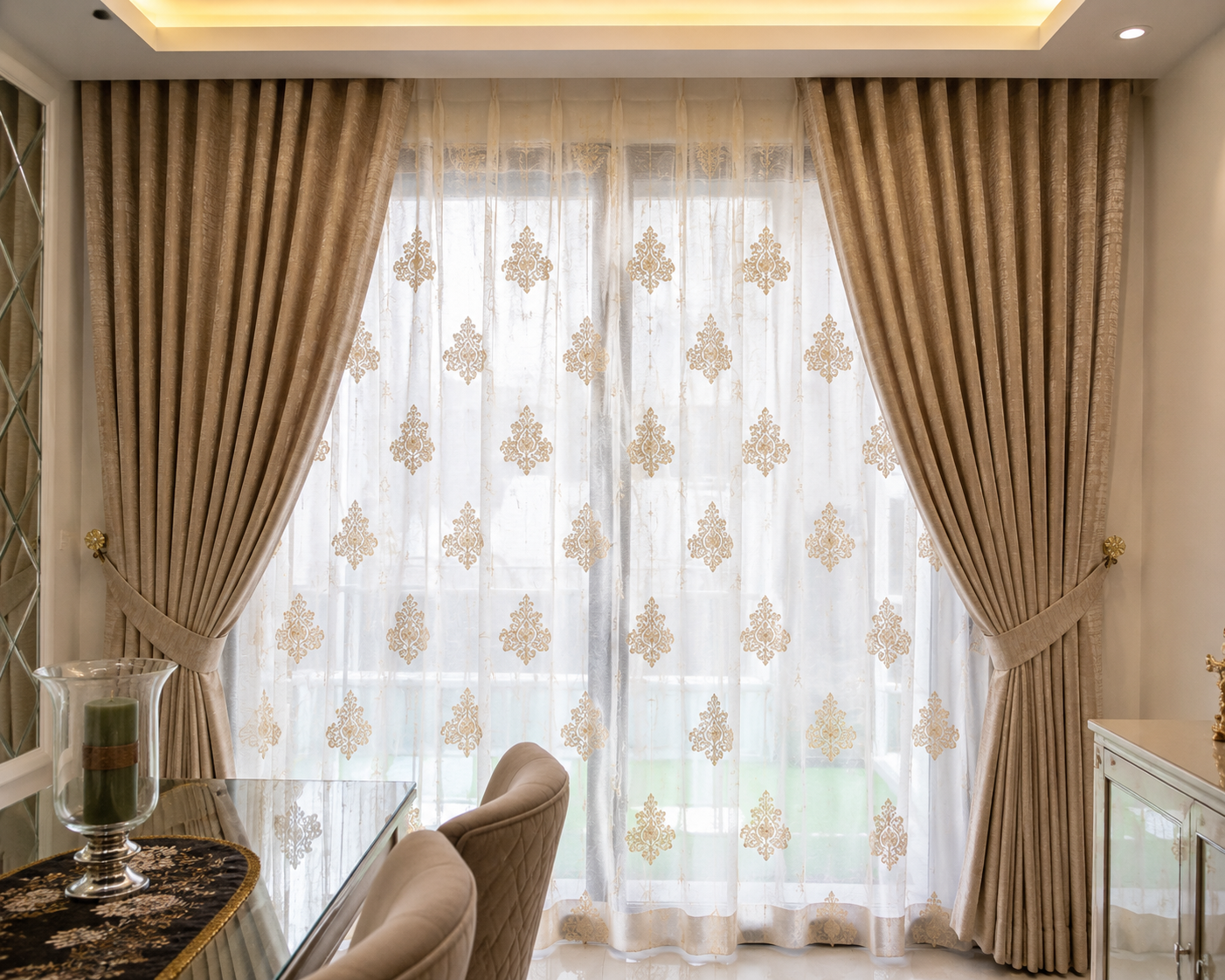 Luxury drapes with embroidered sheer - ARA Decor Studio Pune
