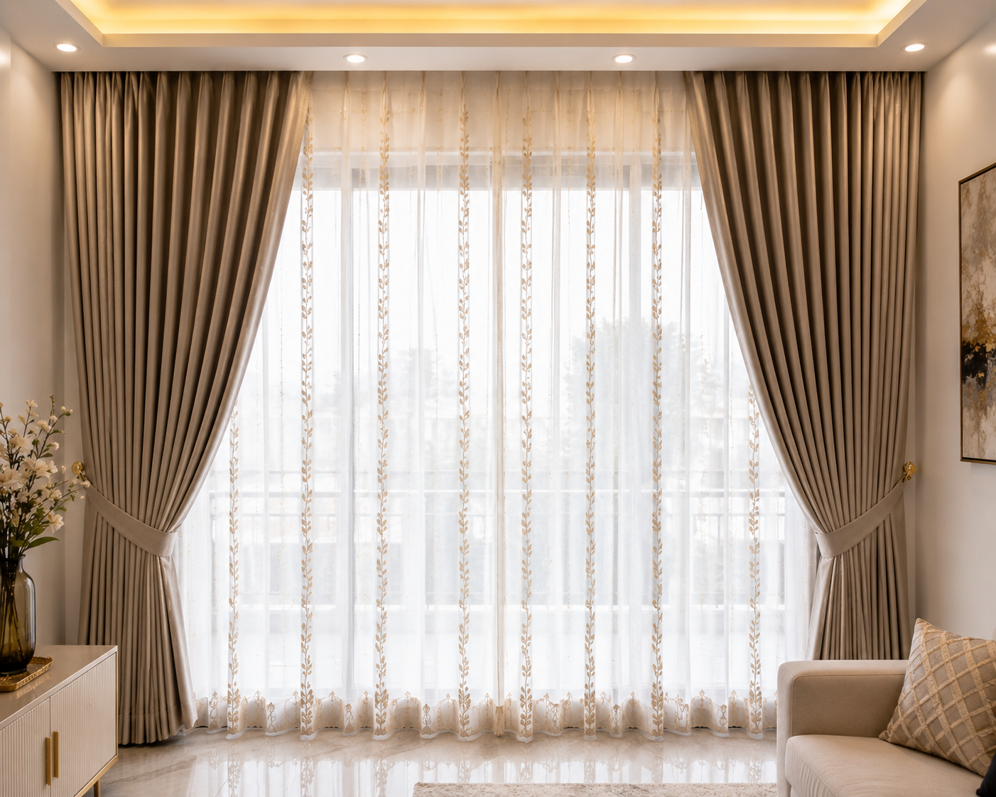 Beige drapes with floral embroidered sheer - ARA Decor Studio Pune