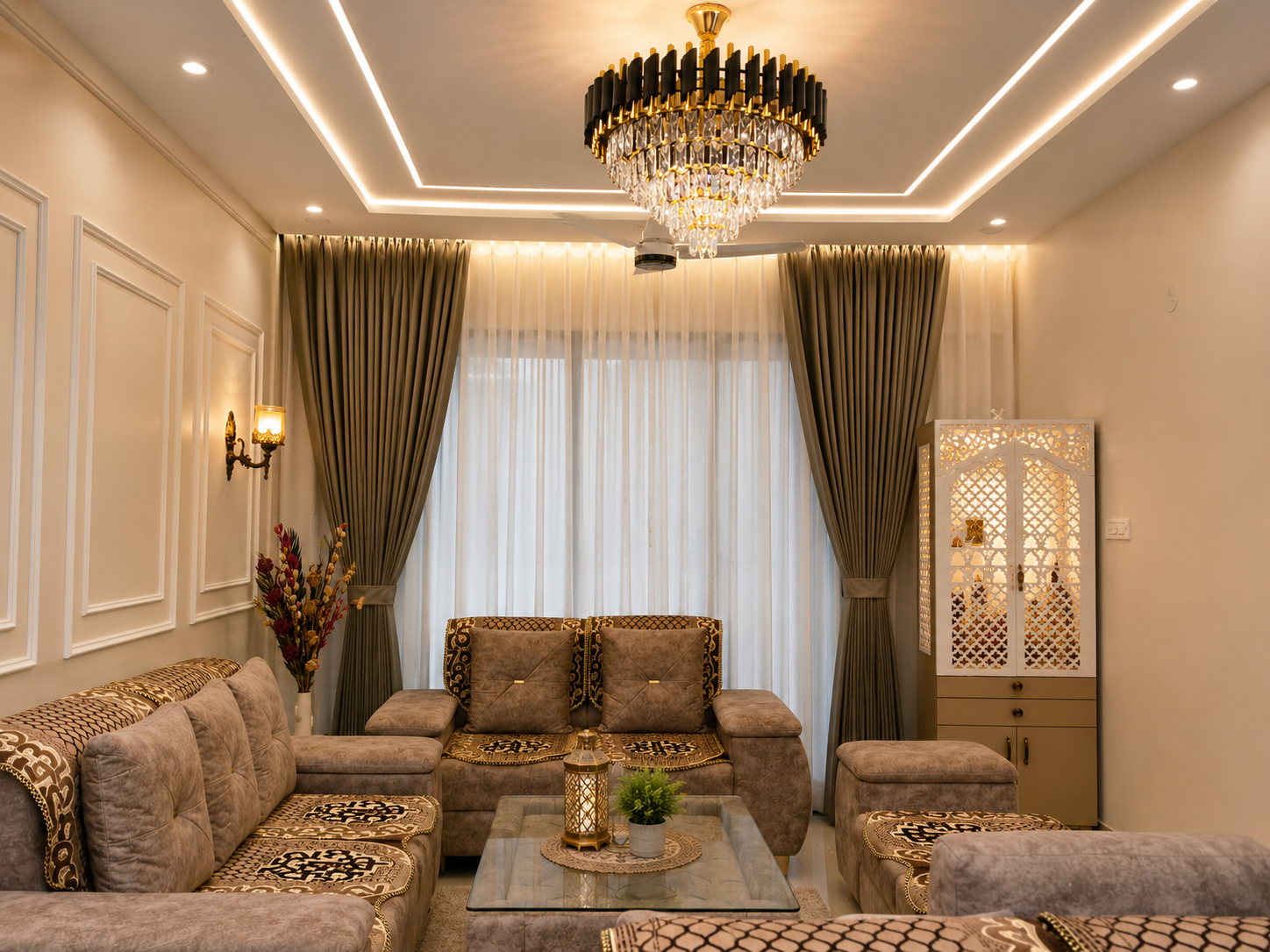 Olive drapes with sheer chandelier room - ARA Decor Studio Pune