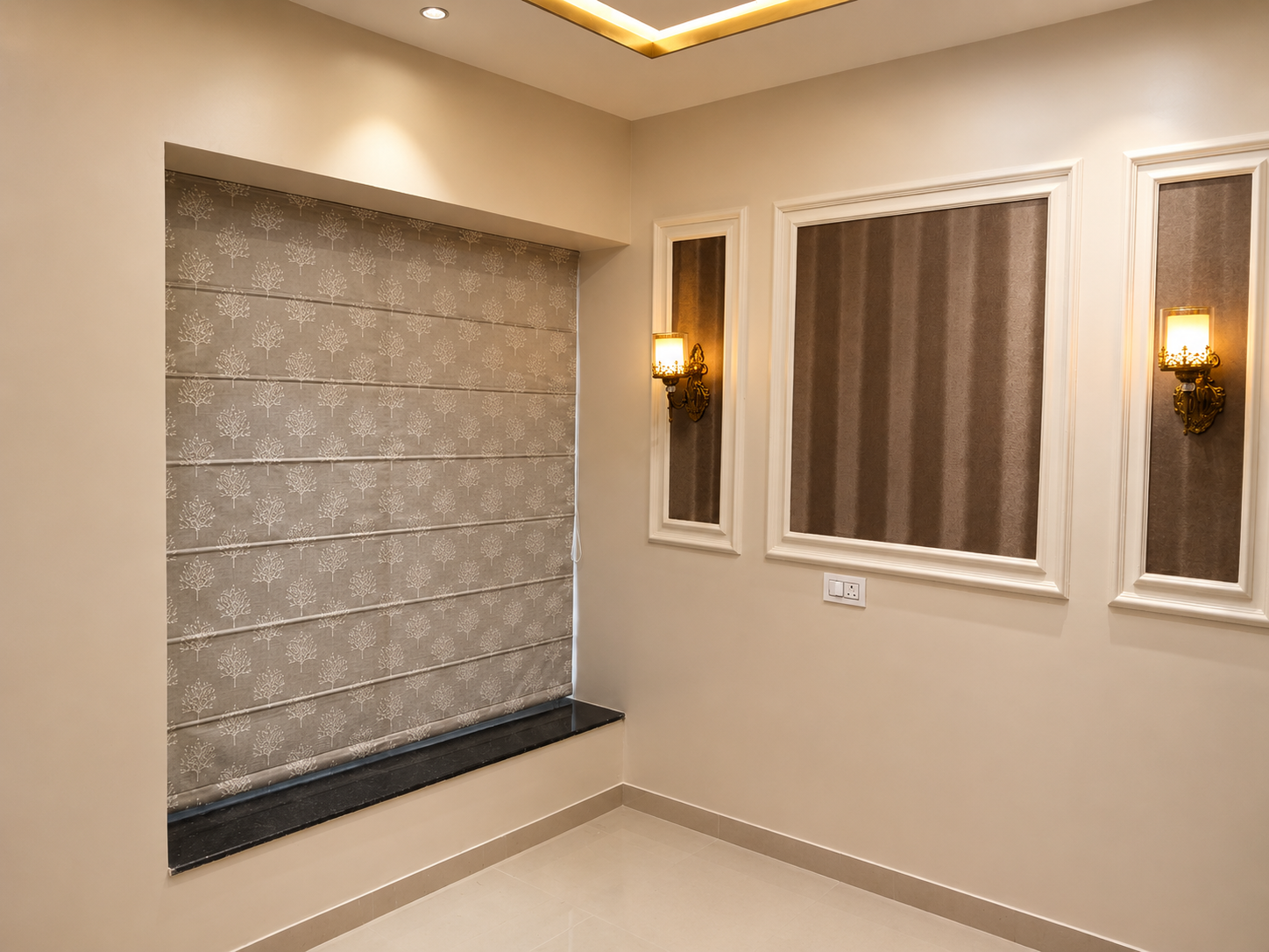 Roman blind with side curtains room scene - ARA Decor Studio Pune